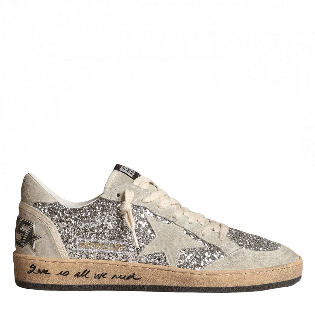 Ball-Star in silver glitter with ice-gray suede inserts