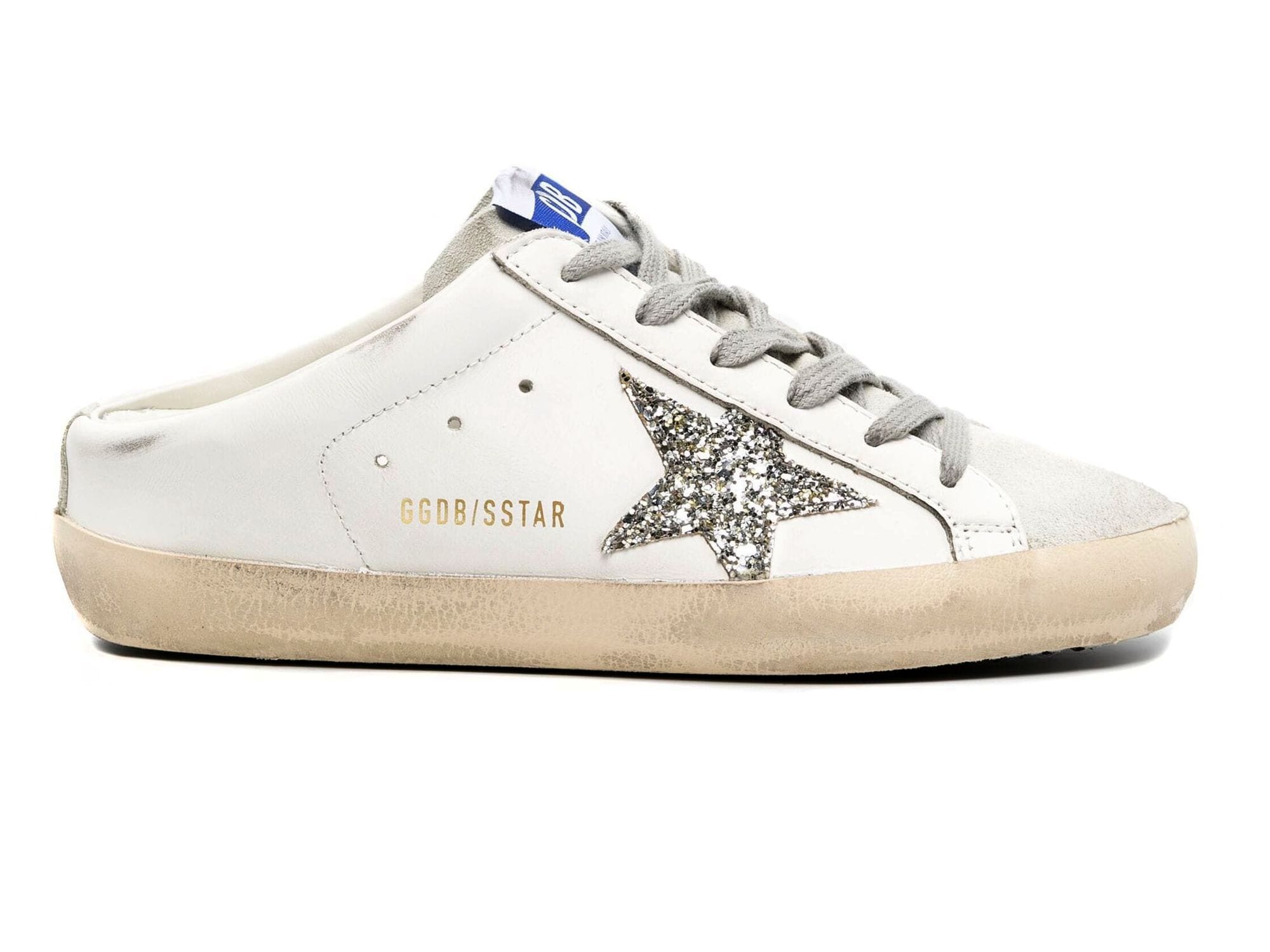 Golden Goose Superstar Sabot with Platinum Glitter Star and Suede Tongue